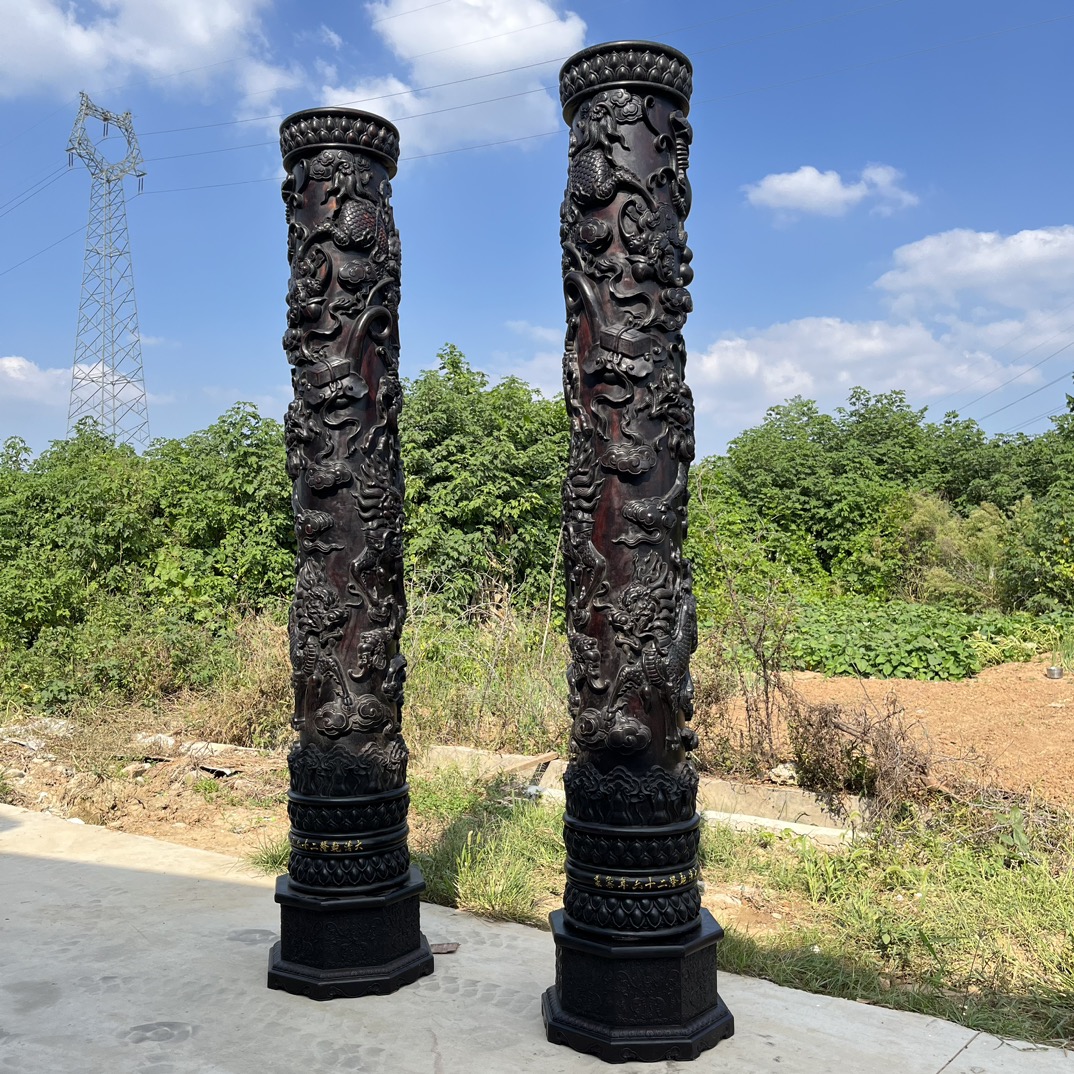 Qing Dynasty Red Sandalwood high-relief Qilin Xianbao Feng Shui a pair of pillars