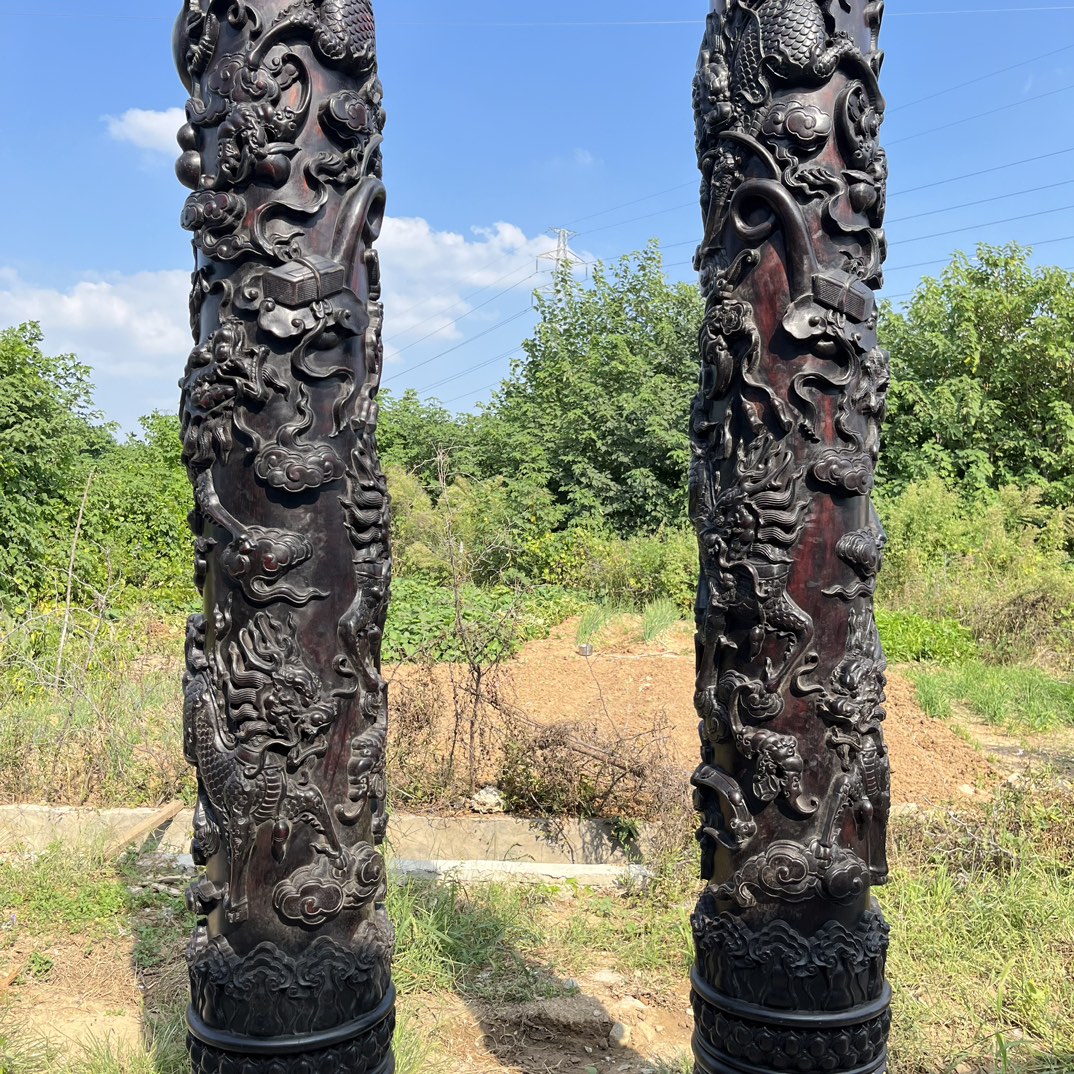Qing Dynasty Red Sandalwood high-relief Qilin Xianbao Feng Shui a pair of pillars