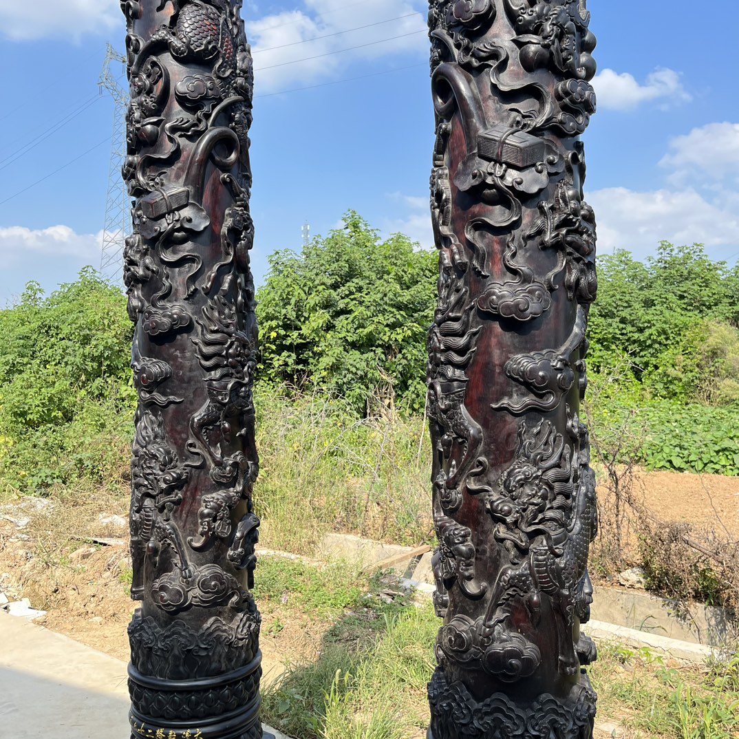 Qing Dynasty Red Sandalwood high-relief Qilin Xianbao Feng Shui a pair of pillars