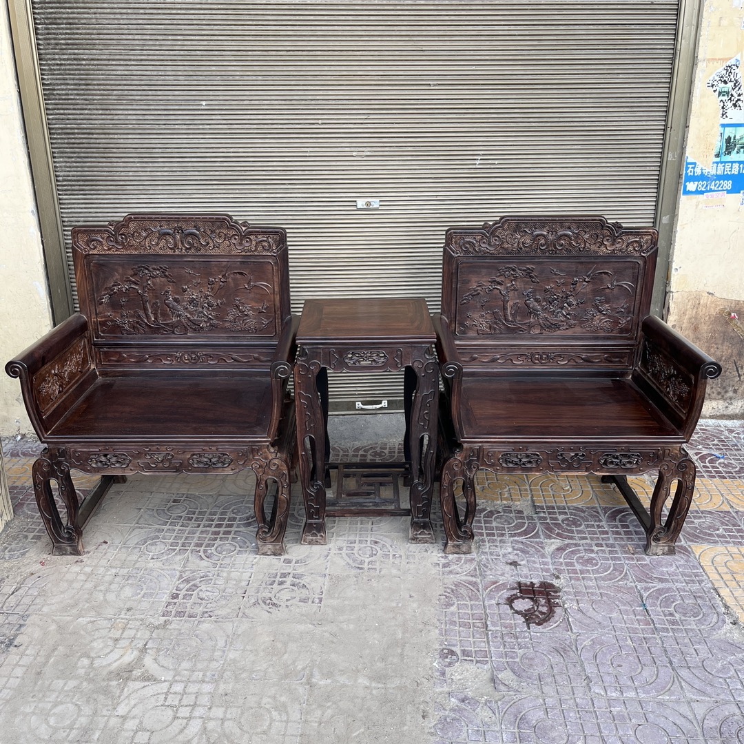 Qing Dynasty Rosewood bird and flower Blossoms pattern Chair and Tables