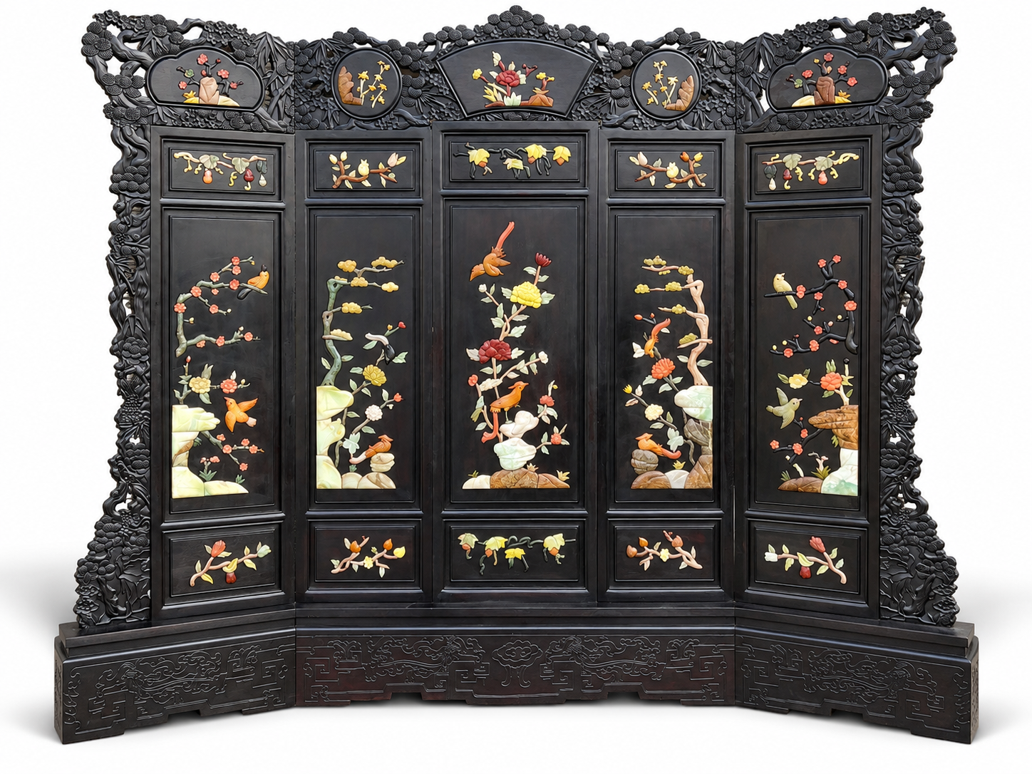 Qing Dynasty Red Sandalwood inlaid hand carved flower and birds pattern five-panel screen