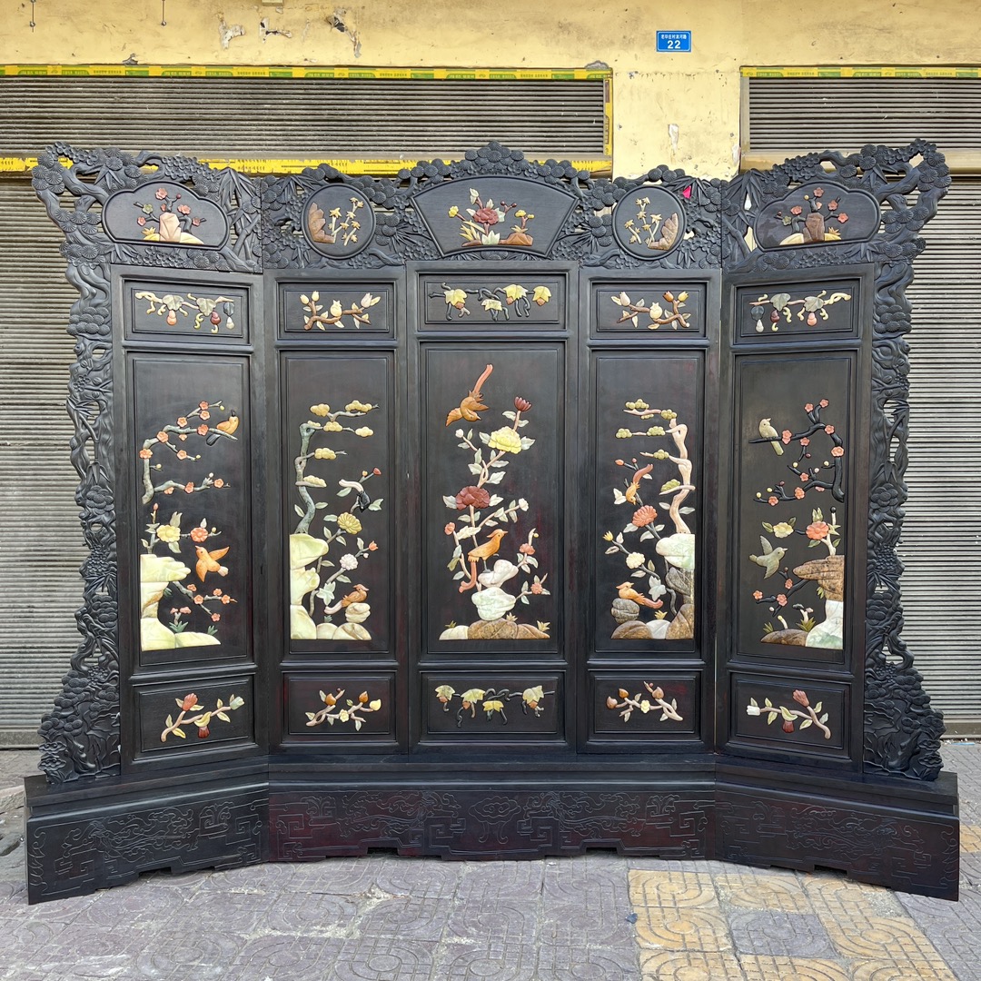 Qing Dynasty Red Sandalwood inlaid hand carved flower and birds pattern five-panel screen