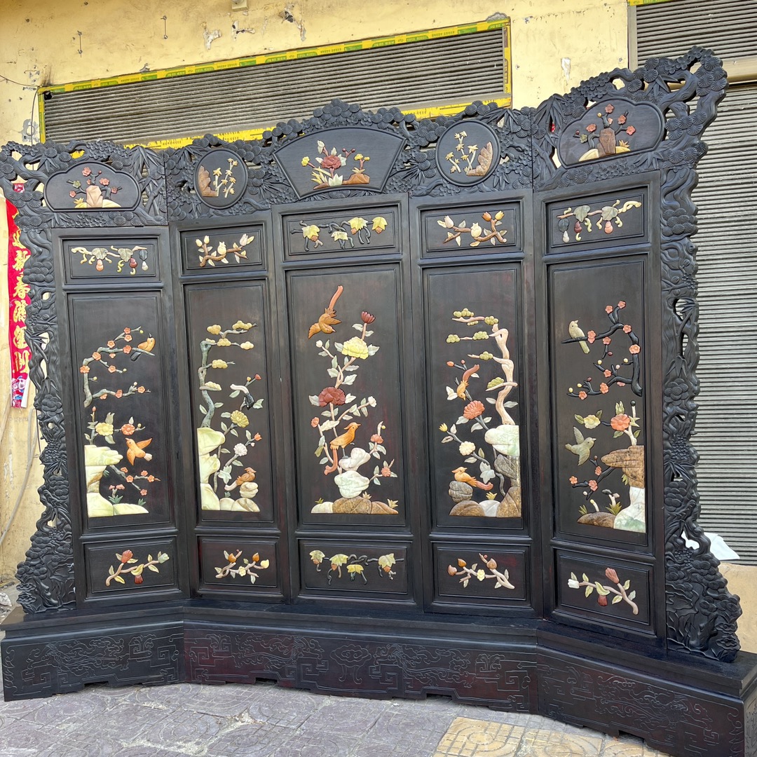 Qing Dynasty Red Sandalwood inlaid hand carved flower and birds pattern five-panel screen