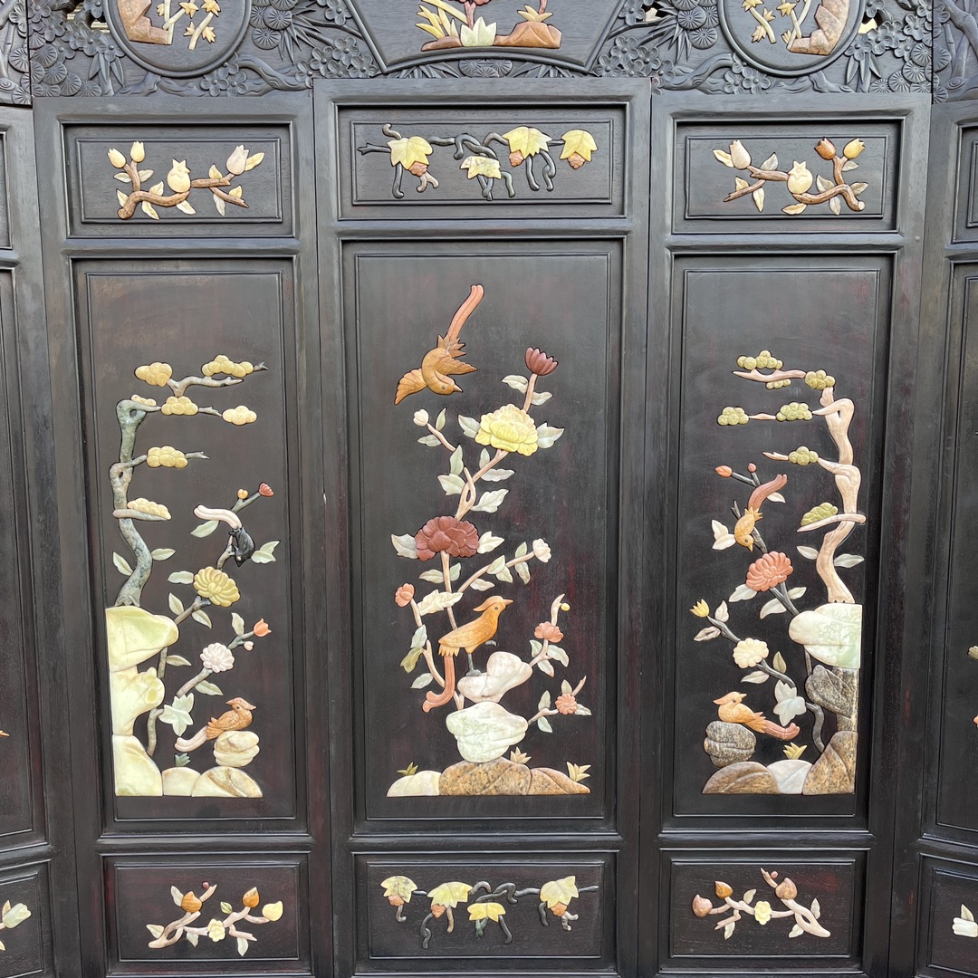 Qing Dynasty Red Sandalwood inlaid hand carved flower and birds pattern five-panel screen