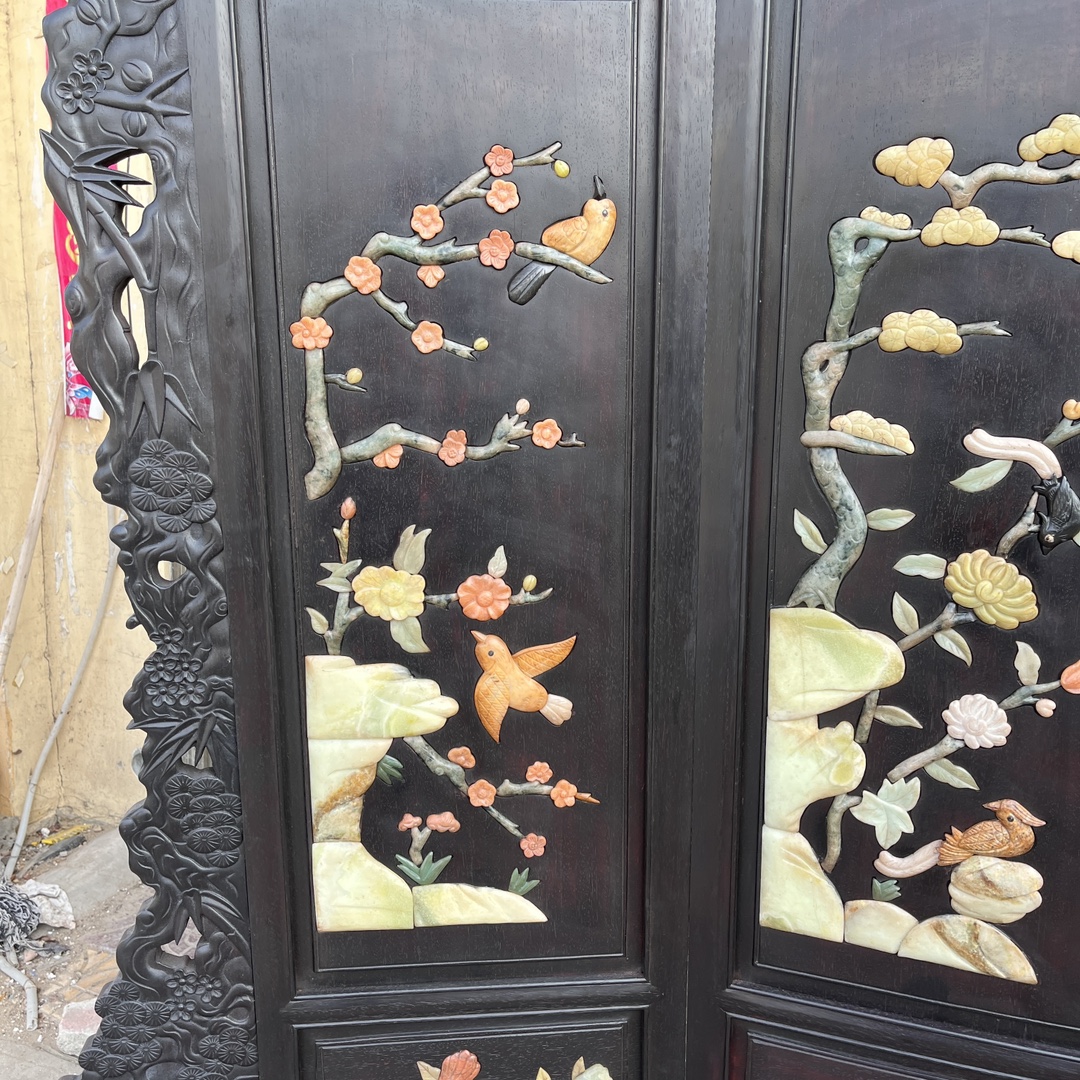 Qing Dynasty Red Sandalwood inlaid hand carved flower and birds pattern five-panel screen