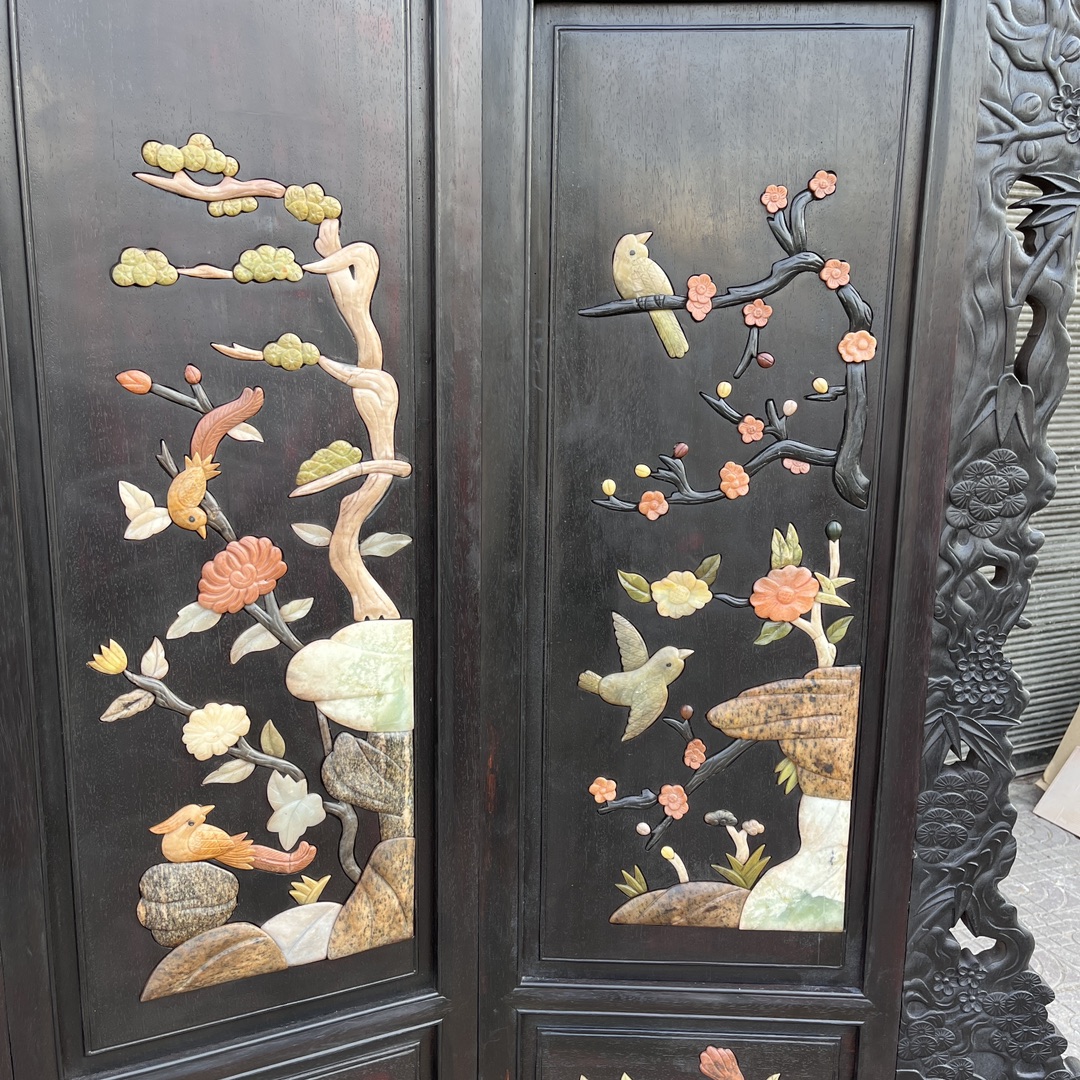 Qing Dynasty Red Sandalwood inlaid hand carved flower and birds pattern five-panel screen