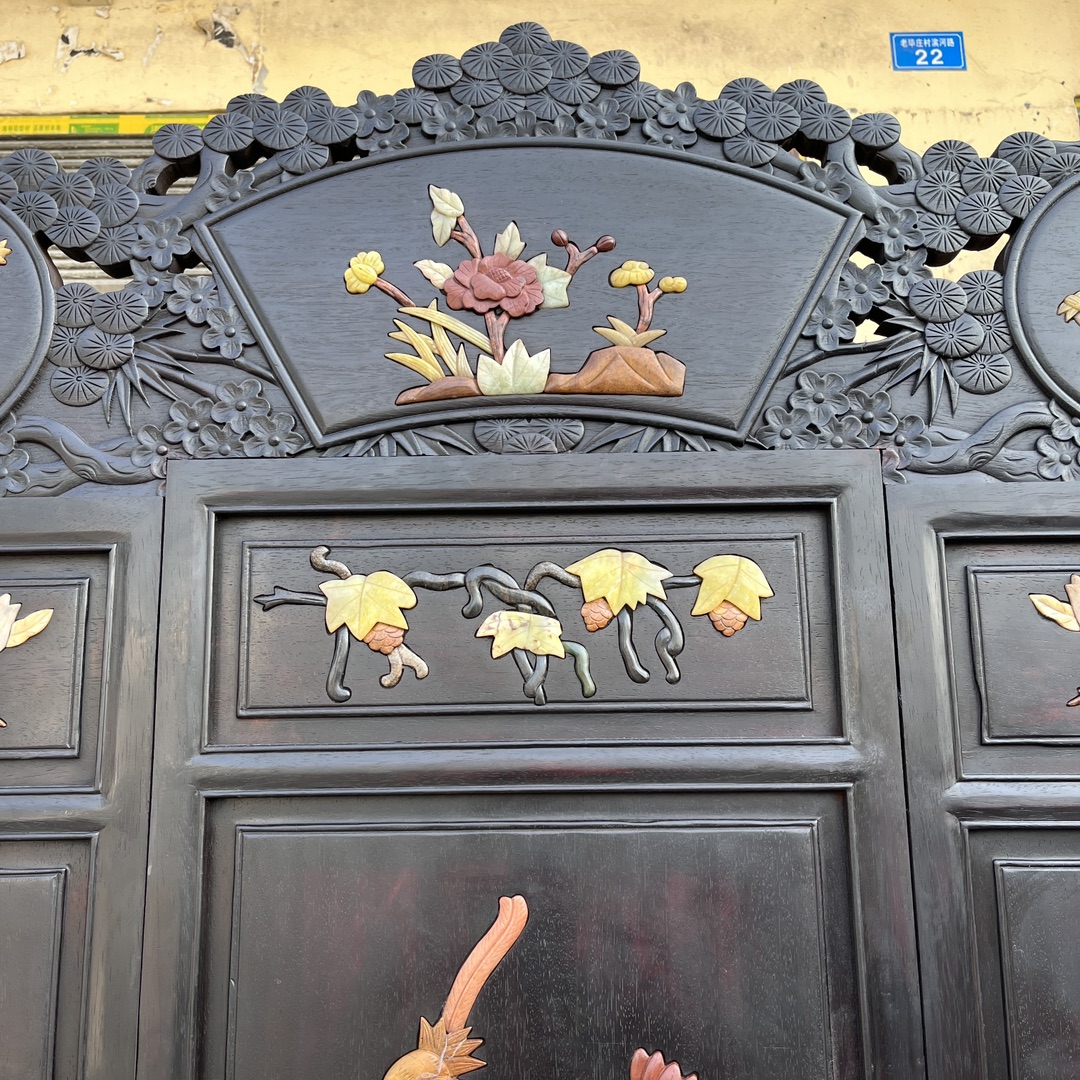 Qing Dynasty Red Sandalwood inlaid hand carved flower and birds pattern five-panel screen