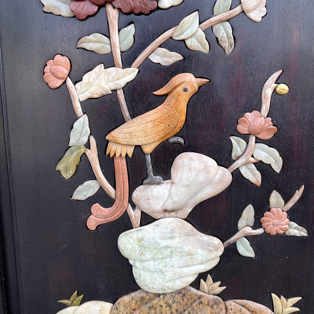 Qing Dynasty Red Sandalwood inlaid hand carved flower and birds pattern five-panel screen