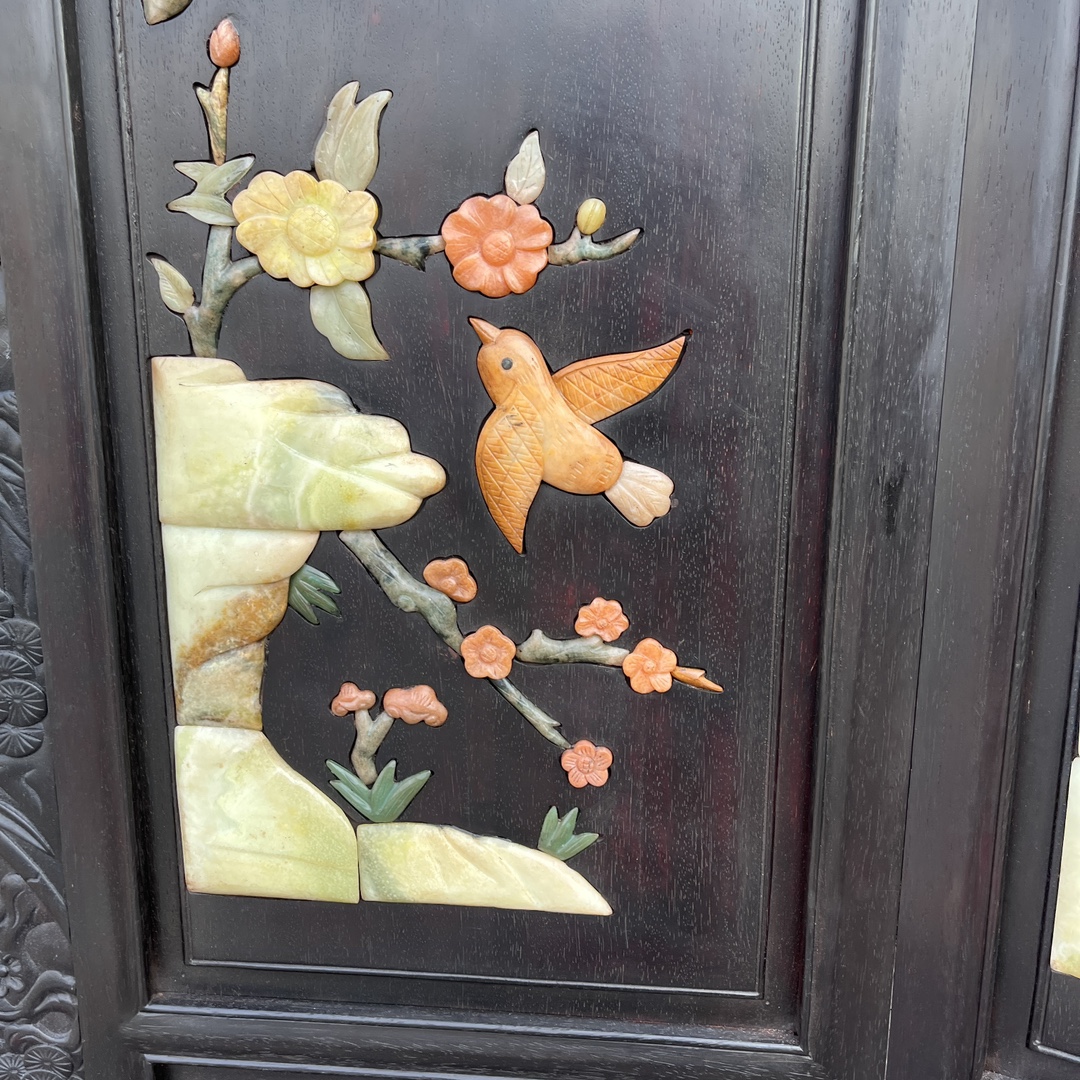Qing Dynasty Red Sandalwood inlaid hand carved flower and birds pattern five-panel screen