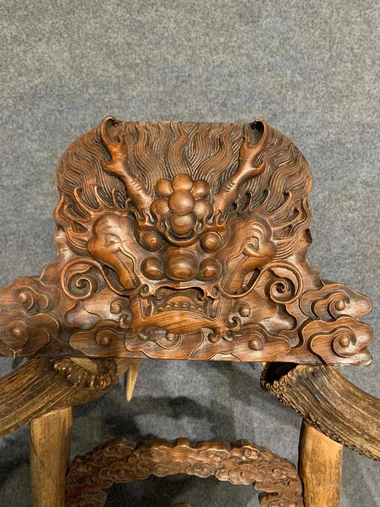 Qing Dynasty Huanghuali wood dragon head natural antler chair and Tables
