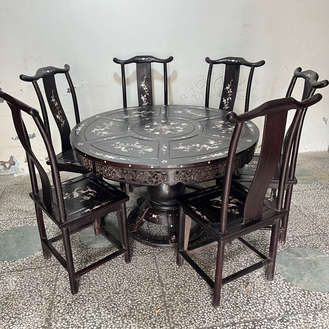 Qing Dynasty Rosewood inlaid shell round Tables dining Tables and chair