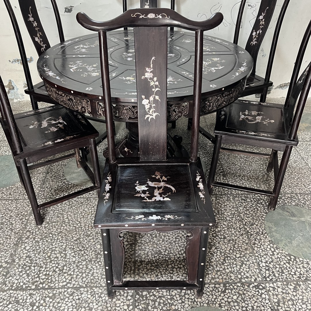 Qing Dynasty Rosewood inlaid shell round Tables dining Tables and chair