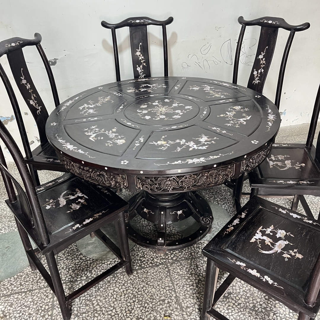 Qing Dynasty Rosewood inlaid shell round Tables dining Tables and chair