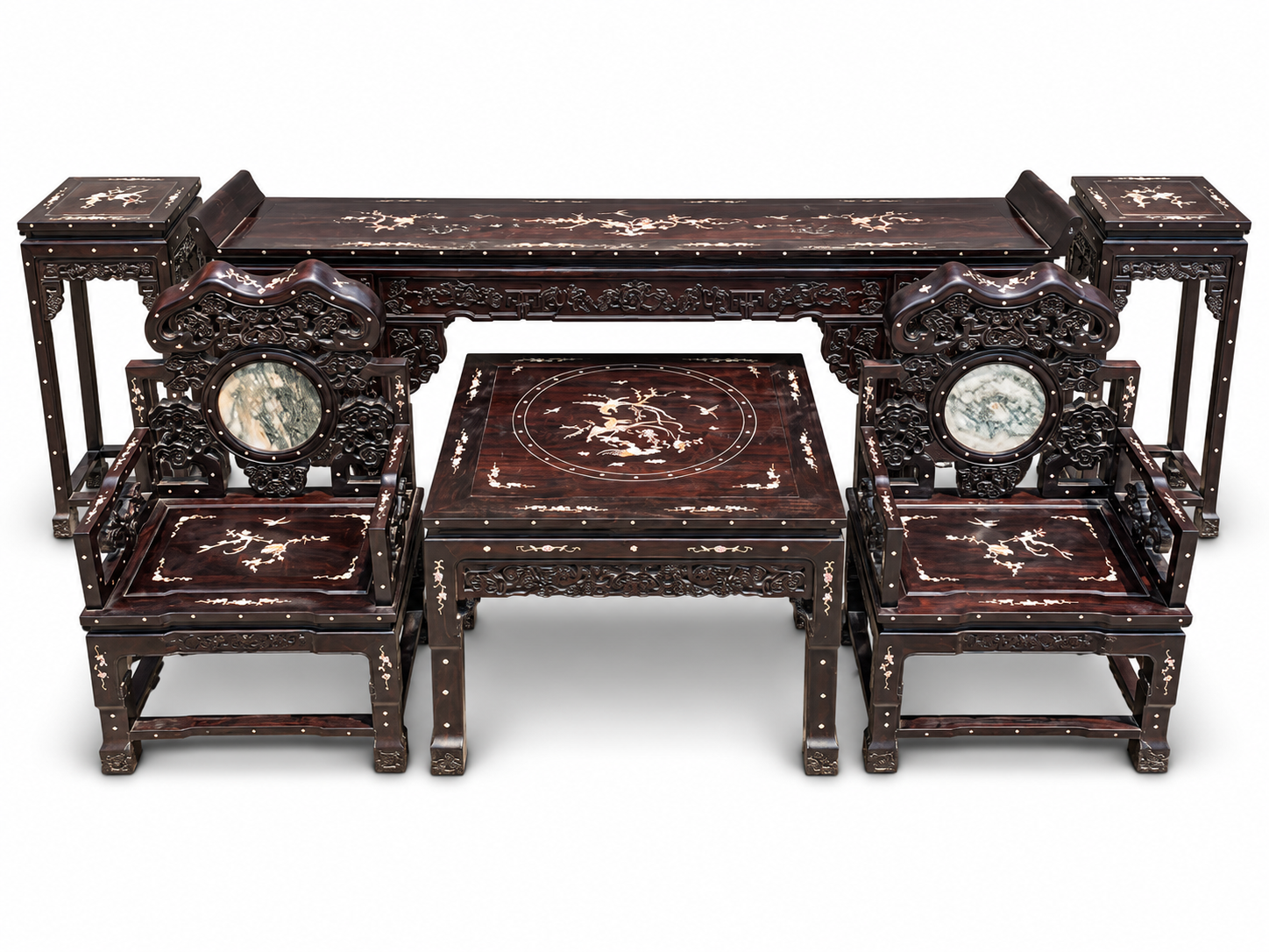 Qing Dynasty Rosewood inlaid with shells smooth polishing Six-piece Tables and chair set
