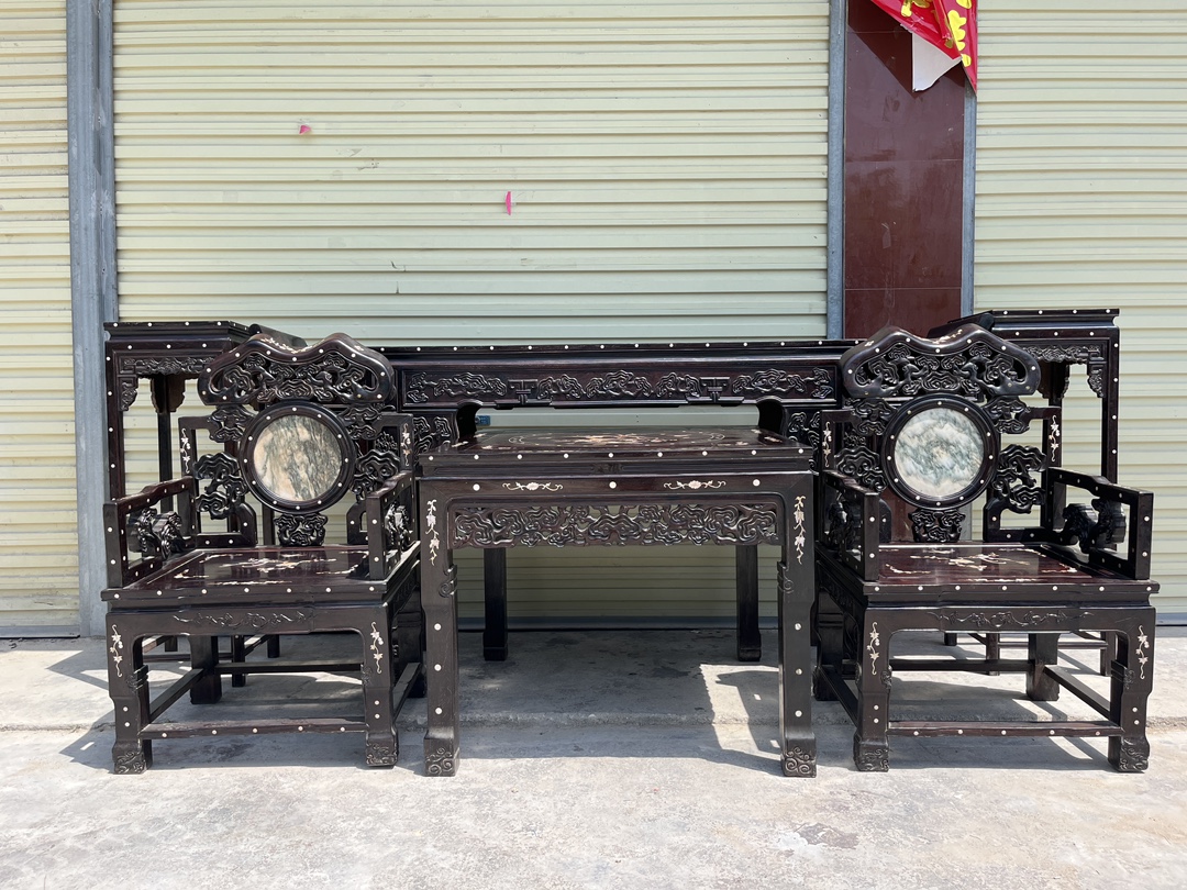 Qing Dynasty Rosewood inlaid with shells smooth polishing Six-piece Tables and chair set
