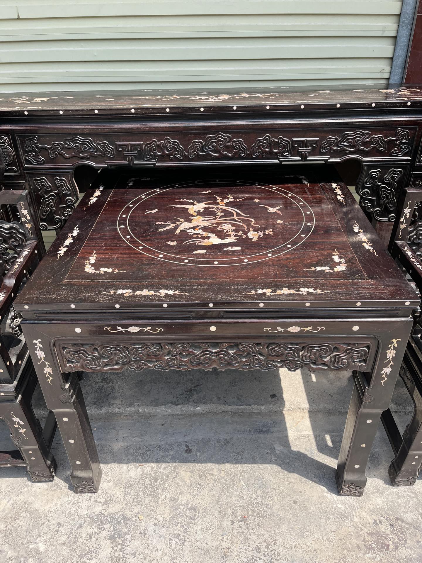 Qing Dynasty Rosewood inlaid with shells smooth polishing Six-piece Tables and chair set