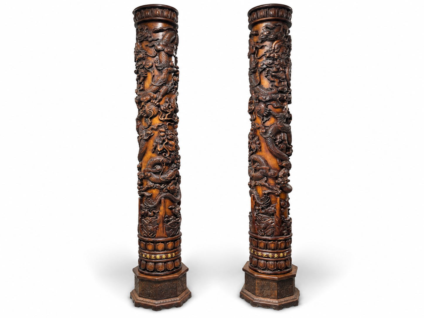 Qing Dynasty Huanghuali wood high-relief Qilin Xianbao Feng Shui a pair of pillars