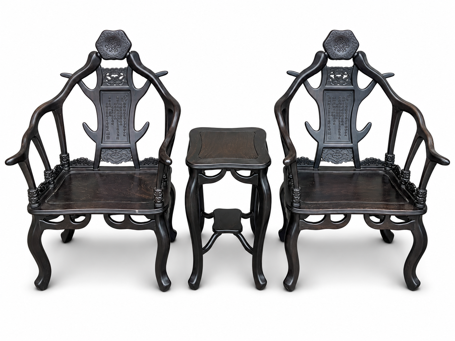 Qing Dynasty Rosewood hand-carved antler chair and Tables