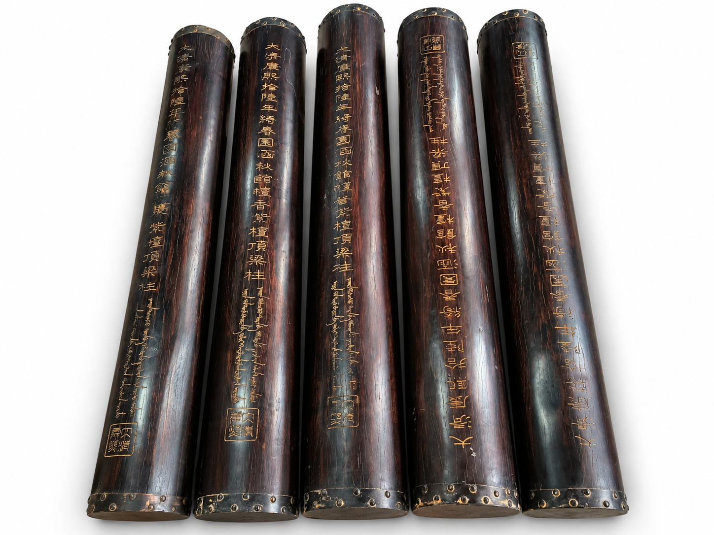 Qing Dynasty Red Sandalwood hand-engraved Manchu characters ceiling pillars