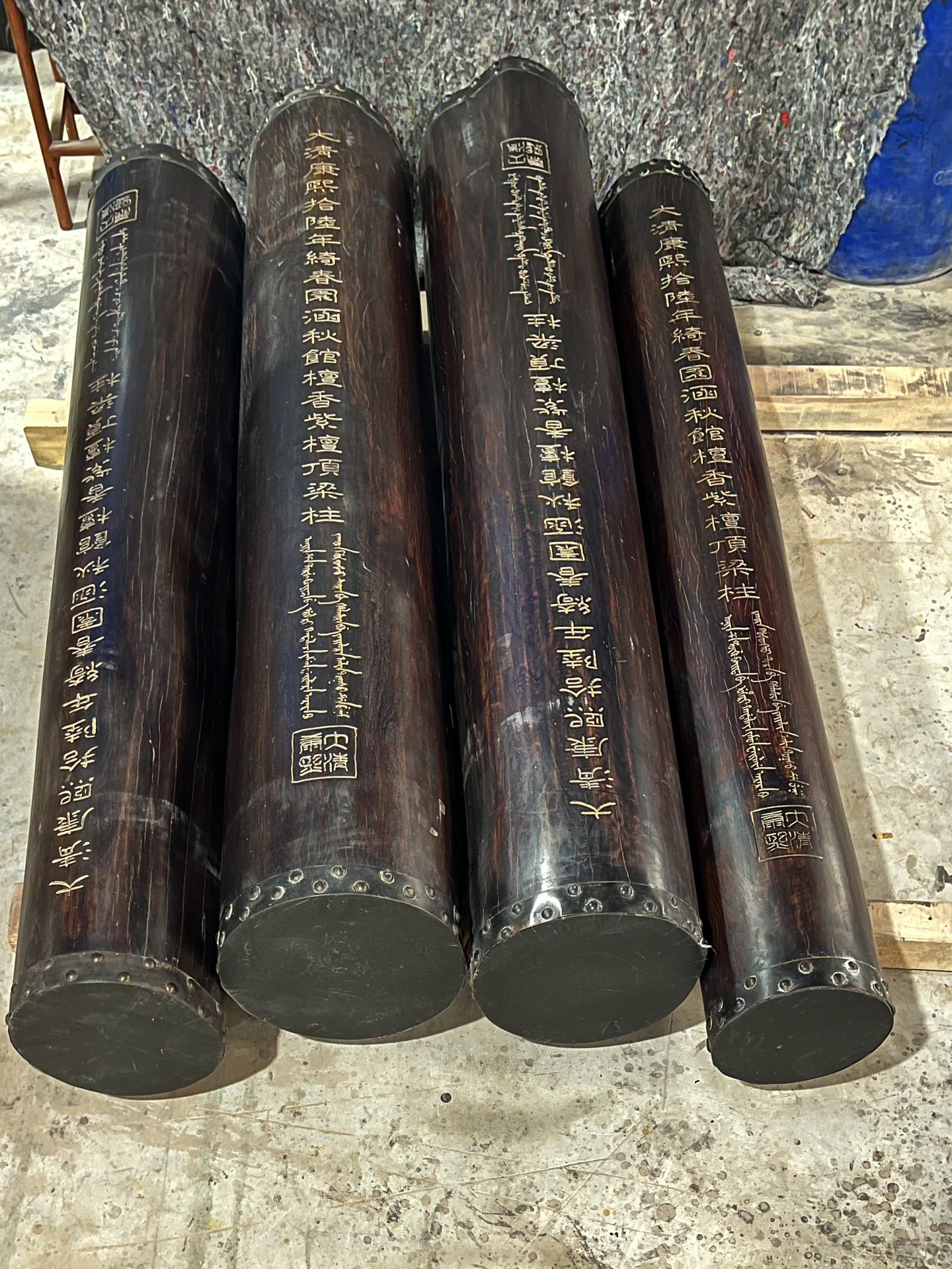 Qing Dynasty Red Sandalwood hand-engraved Manchu characters ceiling pillars