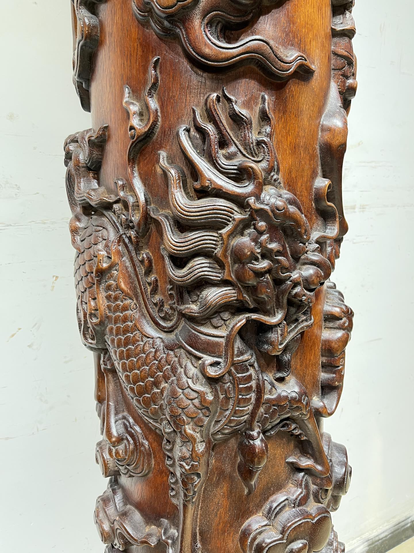 Qing Dynasty Huanghuali high-relief Qilin Xianbao Feng Shui a pair of pillars